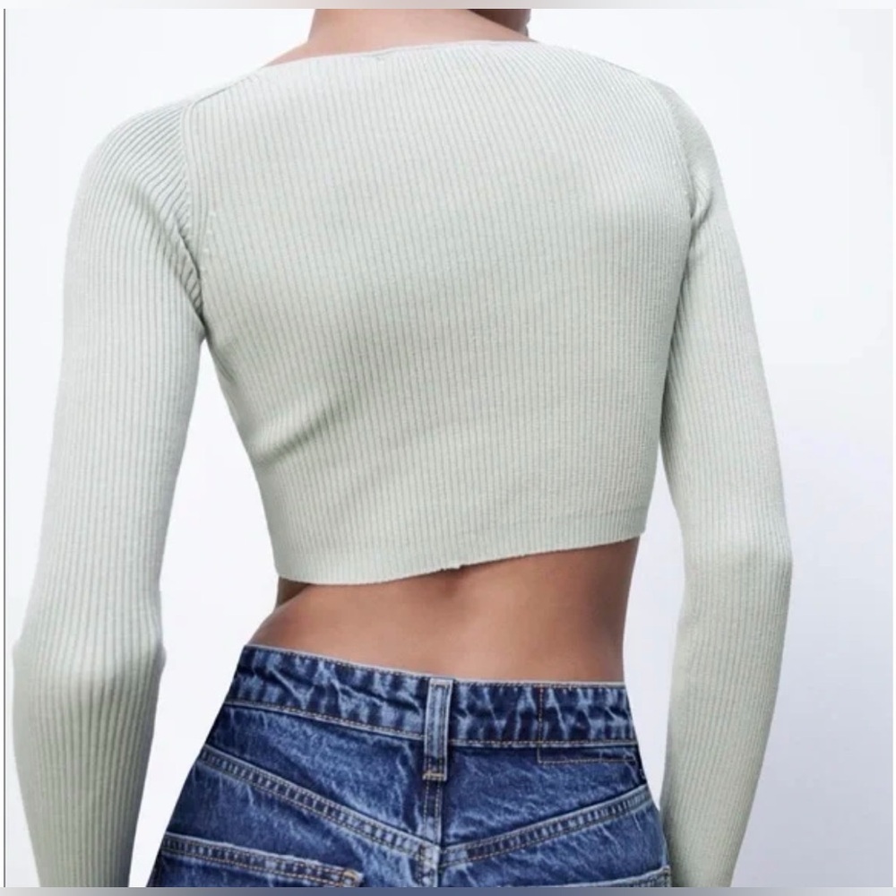 Zara Ribbed Light Blue/Grey Long-Sleeve Crop Top Small - Picture 2 of 7